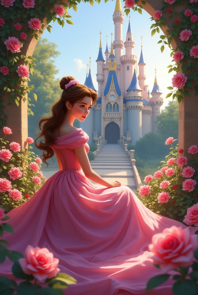 Princess belle in a pink dress sitting in a rose garden. In the background there is a castle with flowers growing on it.