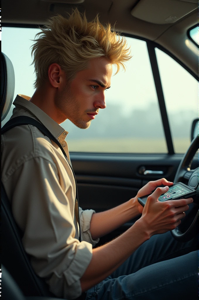 Skinny blonde gamer man in car