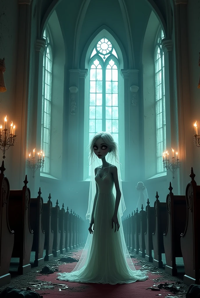 Pixar-style poster of an elderly ghost woman in a very scary church