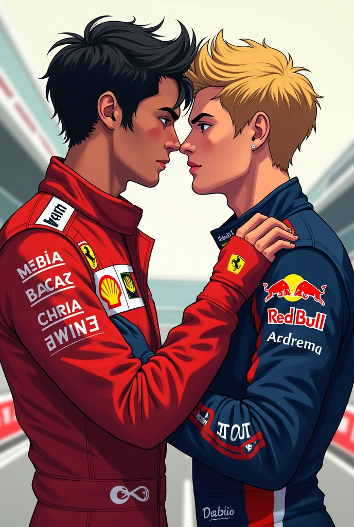 1. **Main Characters**: Illustrate Max and Charles in a way that reflects their personalities—perhaps in racing suits or in a more personal, relaxed setting.
2. **Race Elements**: Include hints of racing, like a blurred racetrack, cars, or a checkered flag, to emphasize the Formula 1 theme.
3. **Romantic Elements**: Subtly incorporate elements that suggest their romance, like intertwined racing gloves or a small heart symbol.
4. **Color Scheme**: Use bold colors like red and blue to represent the teams or to create contrast, with softer tones for the romantic aspects.
5. **Title and Author**: Make sure the title "Off-Track" is prominently displayed, with a stylish, readable font.
They are males, put the title
Its 2 boys, one with dark hair in a ferrari suit, one with dirty blond hair in a red bull suit