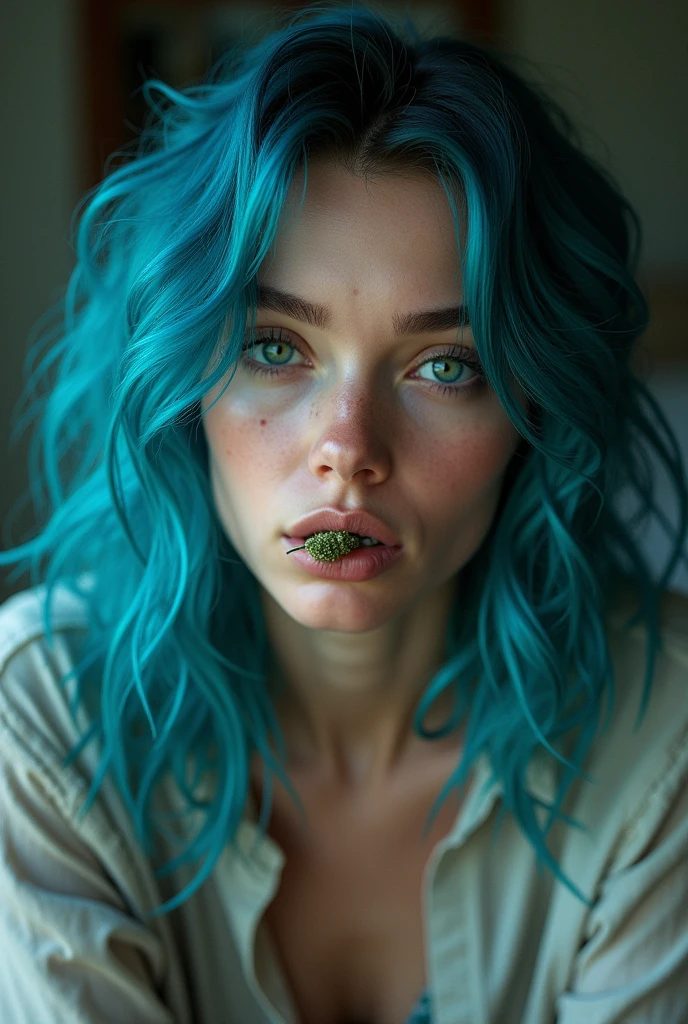 Very beautiful adult woman blue hair 28 years old green eyes smoking weed smoking skank 4k quality photo herbs black weed hot