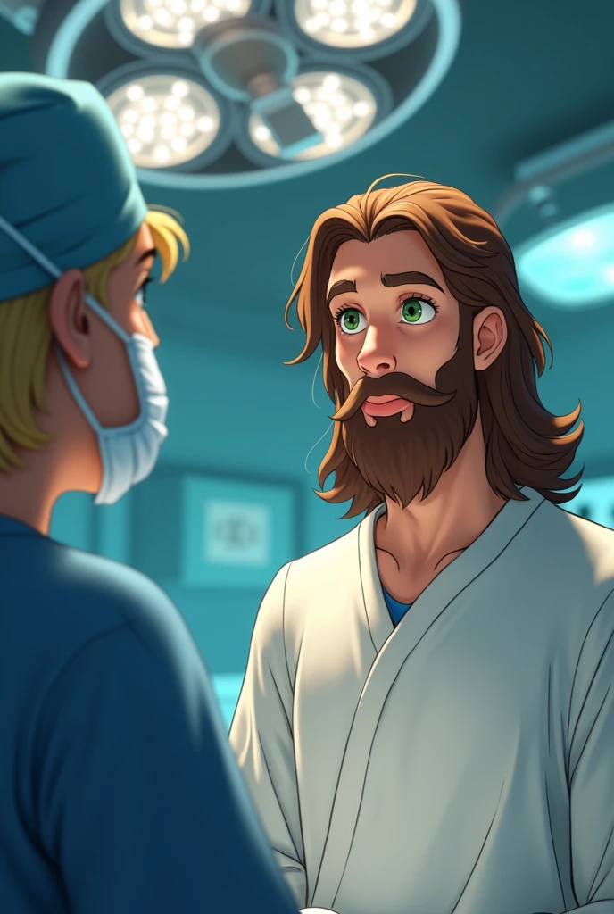 generates an animated image, The context is in an operating room where there are two people. The first is the surgeon who physically has green eyes and wears a blue surgical cap., blond hair, with face masks. The second person is God (Catholic) accompanying her who has a beard and brown hair, shoulder length hair, dressed in white shirt