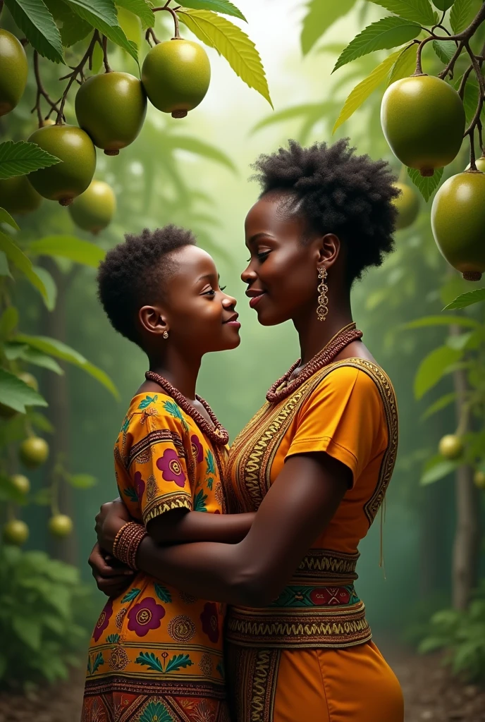 African mother in pawpaw garden with her young boy 