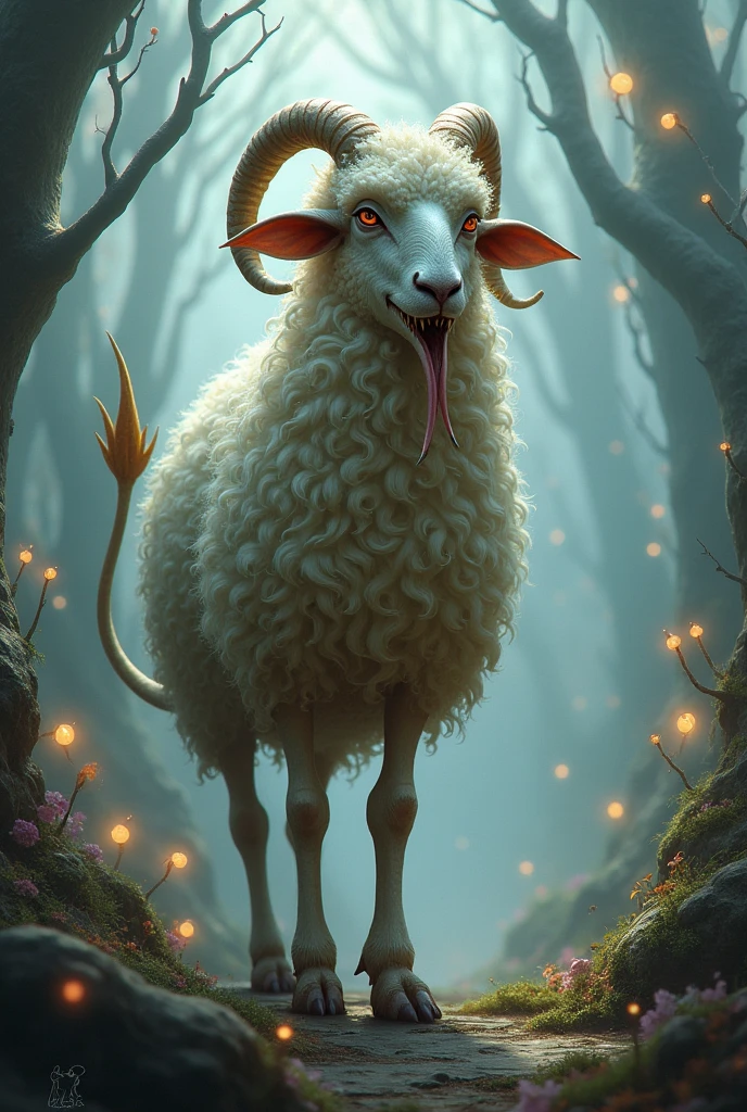 Sheep with beak,Alas,fangs and a long tail.