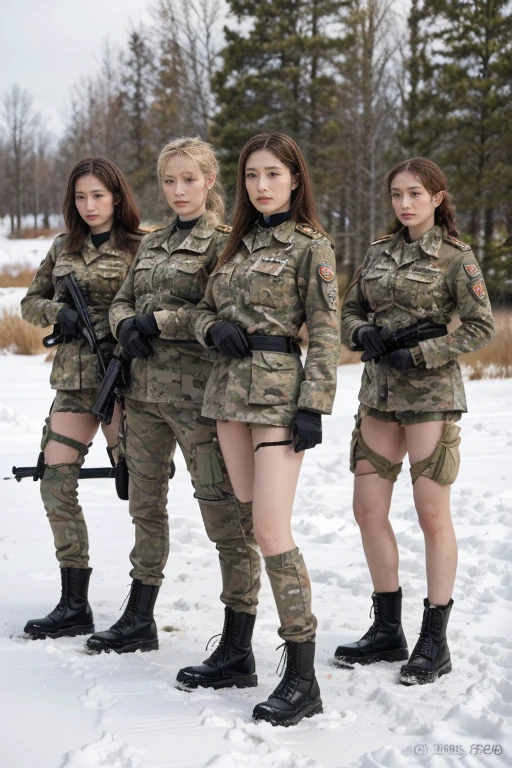 (8k, RAW photos, best quality, masterpiece:1.2),(Practical, photo-Practical:1.37), ((best quality)), Ultra-high resolution,Movie Lighting,Full body portrait, (tense atmosphere:1.2), Five Russian female soldiers stand together,Russian girl,Very detailed face,Charming eyes,long golden hair,Perfect body,Beautiful long hair,Camouflage,Long slender legs,Five Russian female soldiers standing in the snow