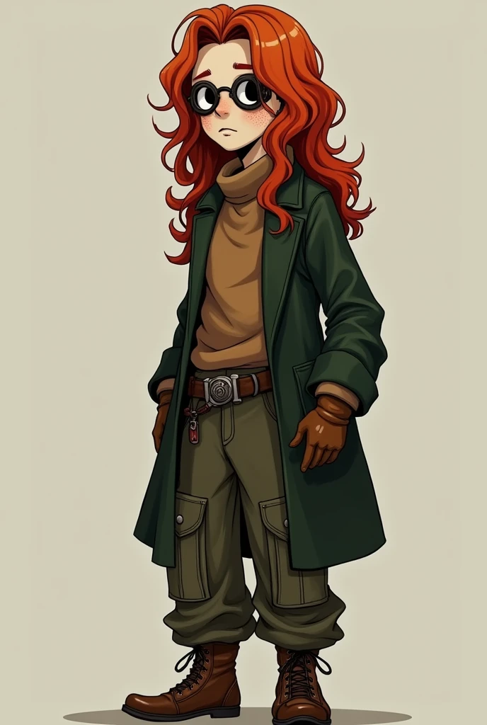A boy with long red hair, soft and curly in texture. Eyes black as emptiness, seeming to not even have any shine, the left pupil having the shape of a spiral. pale and freckled skin, with some cuts and scars spread all over his body. Thin and ambiguous body, does not contain many muscles, 5'0 tall. Wears wide pants with several pockets, steampunk style, with a brown wool sweater and a dark green loose coat, and on his head rounded steampunk glasses, also using old brown gloves.