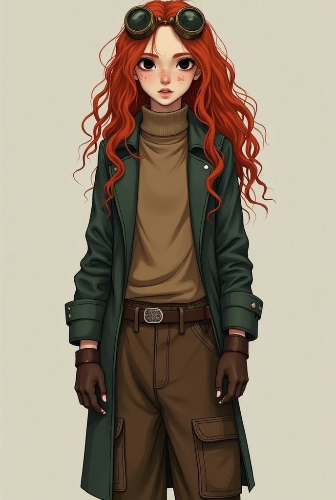 A boy with long red hair, soft and curly in texture. Eyes black as emptiness, seeming to not even have any shine, the left pupil having the shape of a spiral. pale and freckled skin, with some cuts and scars spread all over his body. Thin and ambiguous body, does not contain many muscles, 5'0 tall. Wears wide pants with several pockets, steampunk style, with a brown wool sweater and a dark green loose coat, and on his head rounded steampunk glasses, also using old brown gloves.