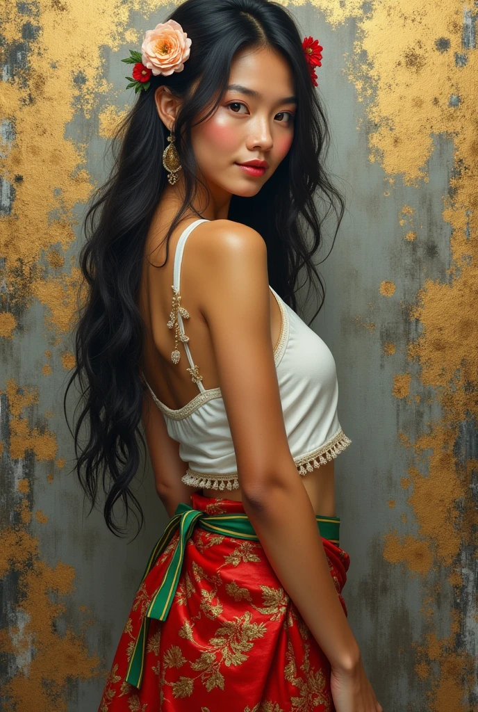 Epic, intricate fine details, unreal, abstract light and shiny, gold and ink painting, full body view, long flowering hair adorned with flowers, Cambodian beauty, white tank top embroidered with gold filament, red sarong with Khmer patterns red and green , mid-turn, smiling, looking at viewer, abstract old Khmer temple in gold-gray painting background, gold kintsugi and splash effects, realistic textures.