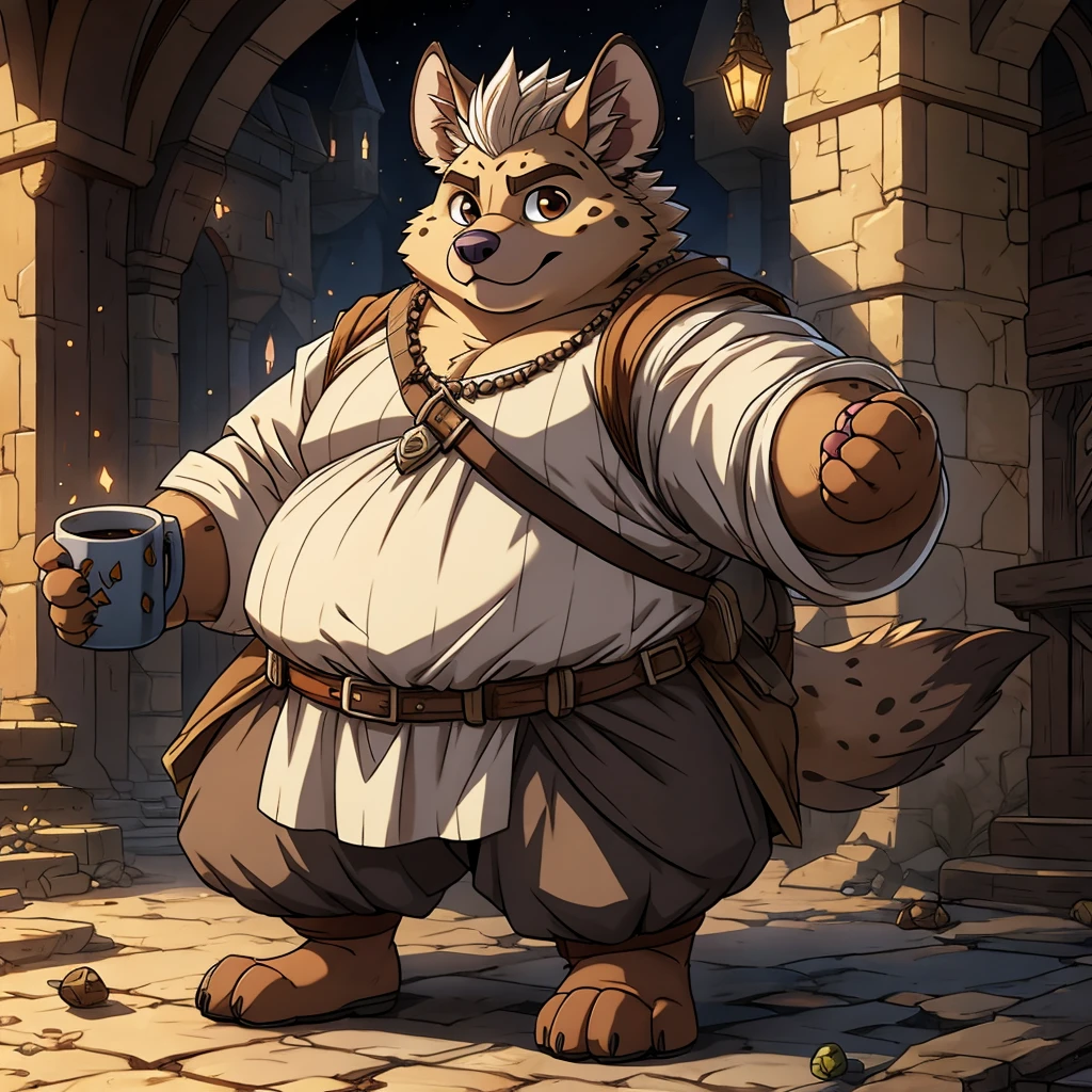 Big adventure Dungeons and Dragons Mosnter Zootopia style, Hunter x Hunter anime, Zootopia character, Dungeons and Dragons Zootopia big obese style, character huge, big arms, big legs, big torso, obese desing, Wearing medieval loinclothe Anime serie, masterpiece, high quality, Solitary, young Furry, hairy, young, hyena, Only the head has spiky white hair, Brown eyes, masterpiece, Detailed body, The whole body is covered with hair, Delicate face, delicate eyes, Detailed hands, strong, paw, high resolution, No shirt, No underwear，Mug shot