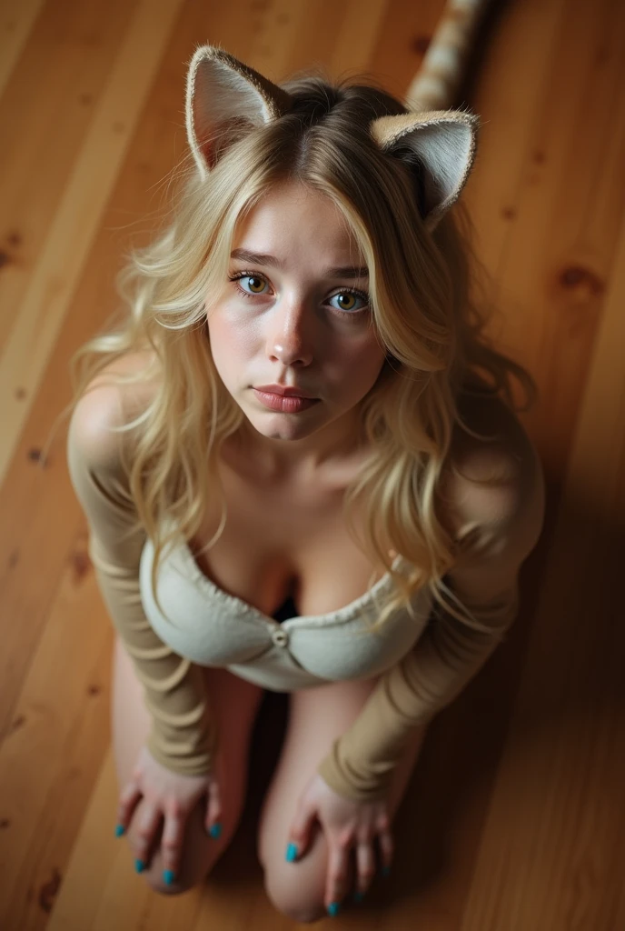 ((highest quality)), ((masterpiece)), (get used to it), perfect face, fox girl, blonde girl, Beautiful woman, public, There is a tail, she has a fluffy tail, she has a fox tail, she shows her tail, crying face, Dog collar, She is wearing leggings, beautiful hips, big breasts , Big tail, tail, get down on all fours