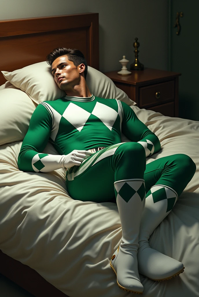 Cr7, traje del green ranger mighty morphin (sin casco) tirado en una cama
