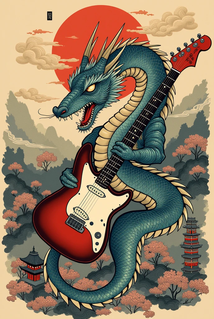 Traditional Japanese illustration of an ancient dragon with a black jazzmaster electric guitar