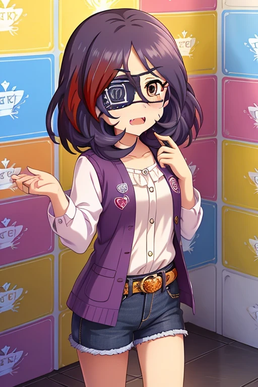 Hayasaka Mirei,purple hair,multicolored hair,fang,brown eyes,short hair,eyepatch,white shirt,Denim shorts,shorts rolled,belt