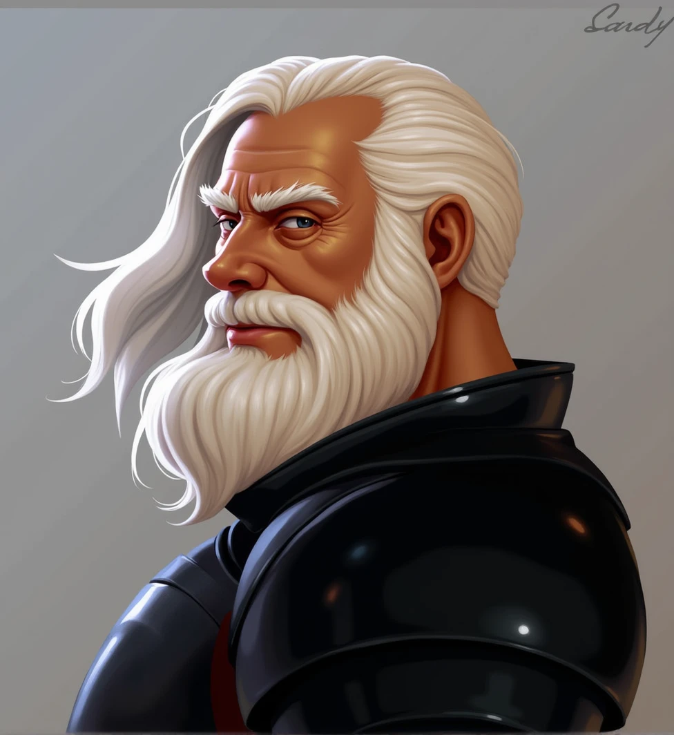A knight in shining armor, a wise and caring paladin, with a white beard and mustache, a smirking yet humble expression, eyes gazing directly at the camera, a portrait of a loyal and dutiful father. Dilf. Hairy.