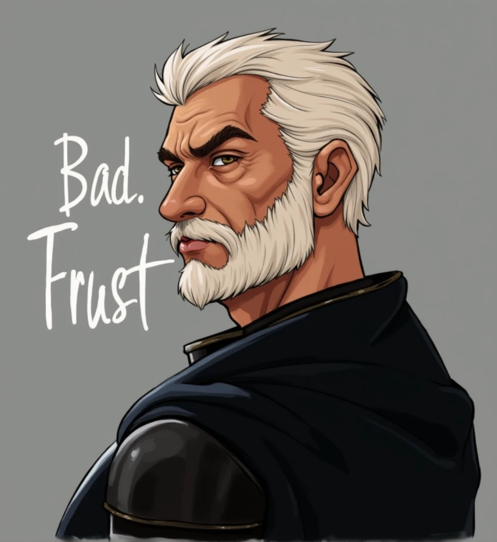 A knight in shining armor, a wise and caring paladin, with a white beard and mustache, a smirking yet humble expression, eyes gazing directly at the camera, a portrait of a loyal and dutiful father. Dilf. Hairy. 