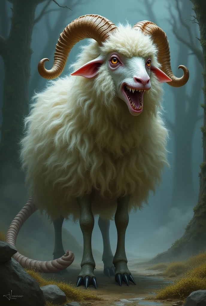 Sheep with beak,Alas,fangs and a long tail.
