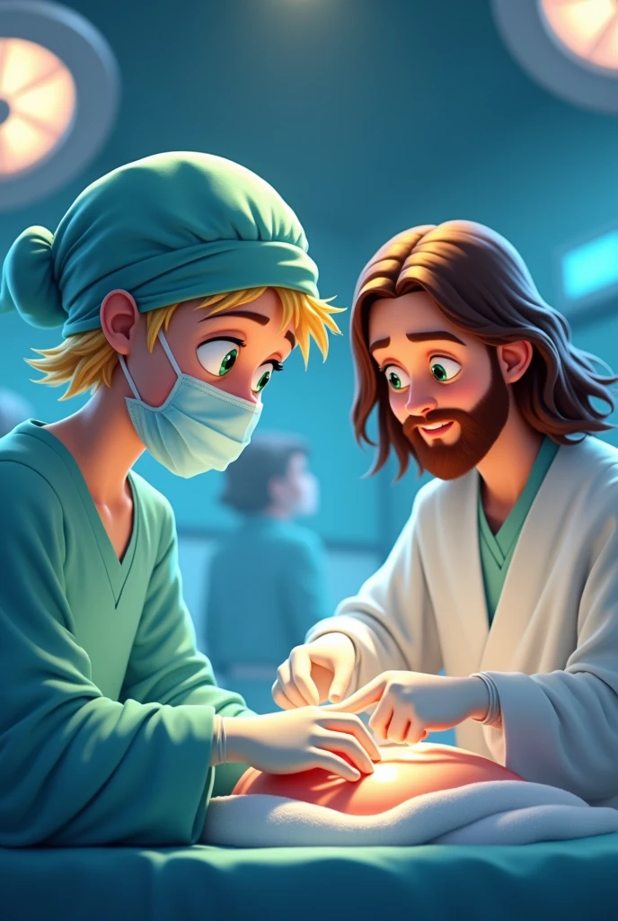 generates an animated image, the context is in an operating room, operating on a patient. where two people are. The first is the surgeon who physically has green eyes and wears a blue surgical cap., blond hair, with face masks. The second person is God (Catholic) accompanying her who has a beard and brown hair, shoulder length hair, dressed in white shirt