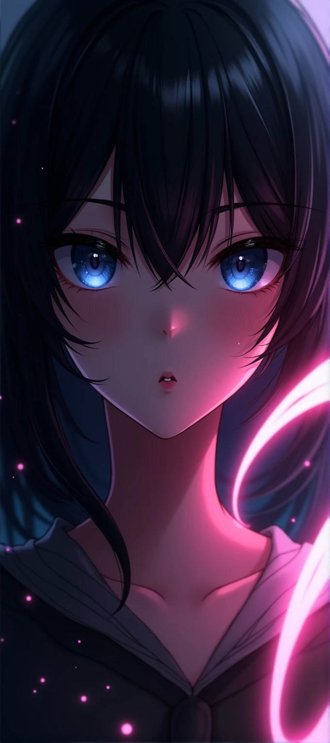 (masterpiece, Best Quality, ultra detailed, best shadow), (detailed background,dark fantasy), (beautiful detailed face), high contrast, (better lighting, an extremely delicate and beautiful), ((cinematic light)), showy, hyper detail, dramatic light, intricate details, (1 girl, Alone,by the light pink, sharp face, blue eyes, hair between the eyes, dynamic angle), (black light swirling around the character:1.5), depth of field, black light particles.