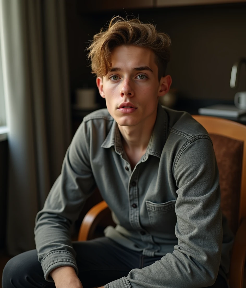 A most beautiful 25 years old boy sitting on a chair looking exactly, directly at the camera, talking to the camera, captured through 1mm lens, 8k resolution, hyper realistic.