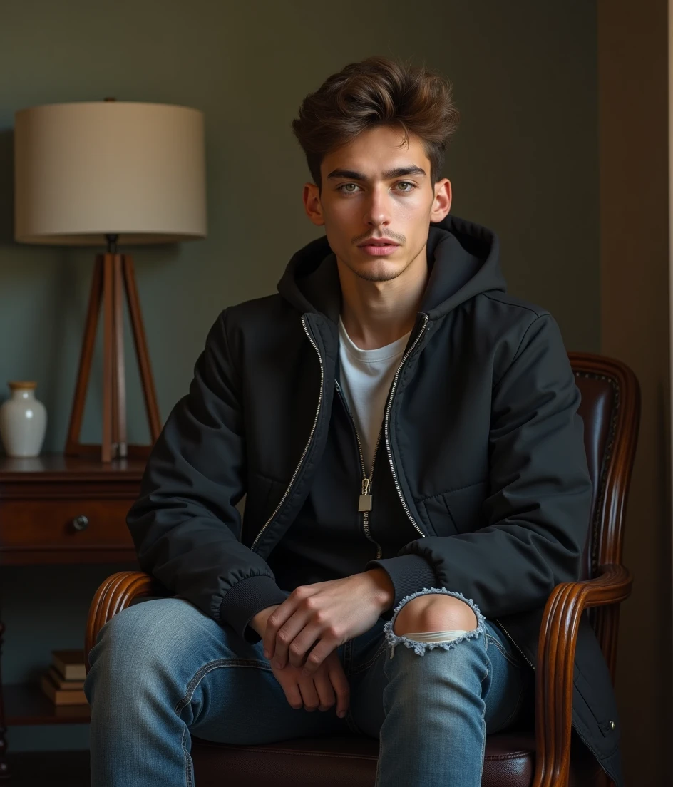 A most beautiful 25 years old boy sitting on a chair looking exactly, directly at the camera, talking to the camera, captured through 1mm lens, 8k resolution, hyper realistic.
