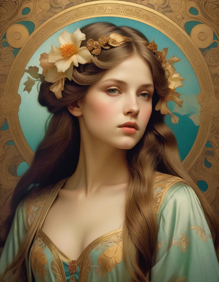 old (Masterpiece, Best Quality, Highres:1.2) Art Nouveau Style Beautiful Woman with Long Hair Shaped as Flowers in the Style of Alphonse Mucha, portrait of a beautiful cute, very beautiful, standing artistically, realistic natural, professional light distribution, very artistic lighting gradation, artistic detail, highly detailed, centered, Nymph-pattern vintage wallpaper with dramatic backlighting casting deep shadows, featuring a meticulously crafted illustration inspired by Dan Mumford and Alphonse Mucha, hyper-realistic and photorealistic textures, extremely detailed with intricate floral and foliage elements, octane rendered in 8K (extremely detailed 8k wallpaper), Golden ratio, hidden ancient Greek symbols (, Spiral), balanced design, color harmony, Vernis Martin, golden, ancient mythology, artistically twisted edges, reminiscent of old-world craftsmanship with a contemporary edge, volumetric lighting, ultra fine details