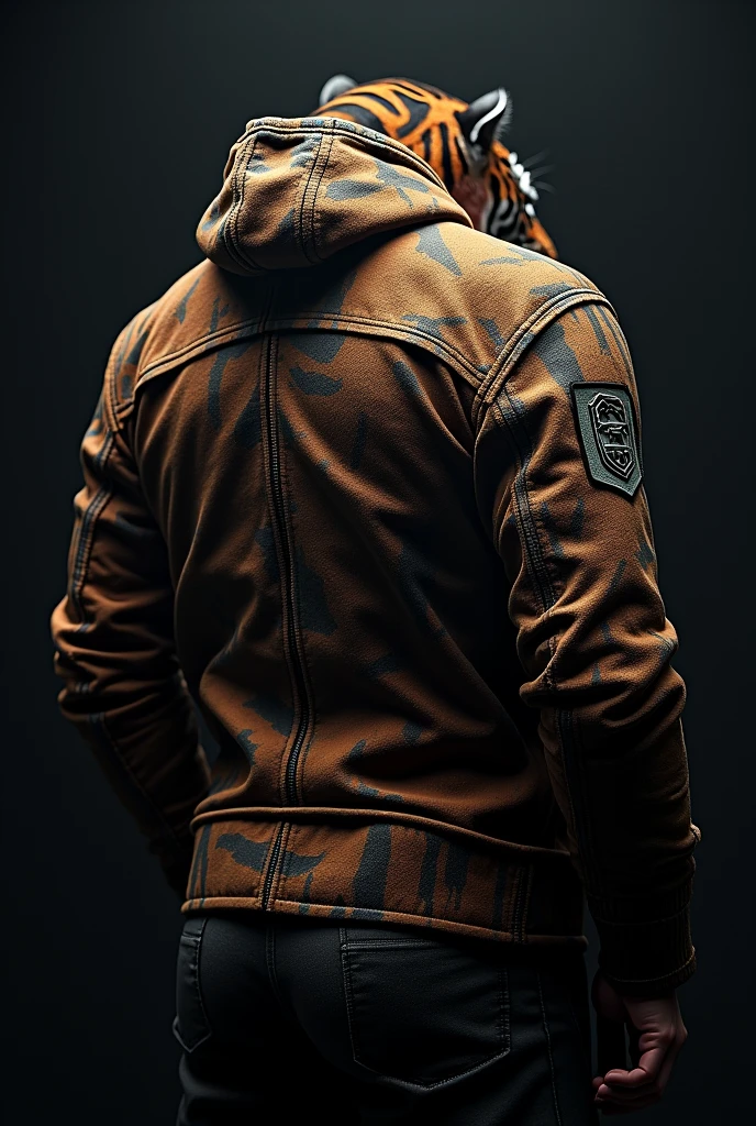 A jacket where the background is black with a saber-toothed tiger