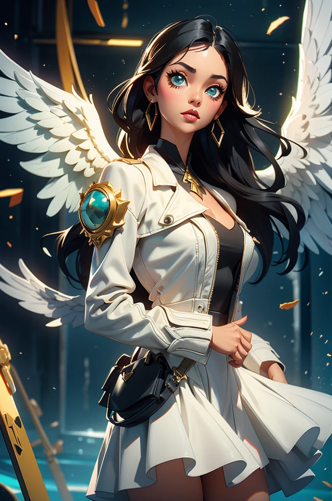 fallen angel colombian woman, light skin, Green eyes, short shoulder-length black hair, wearing a white dress and a  leather black jacket