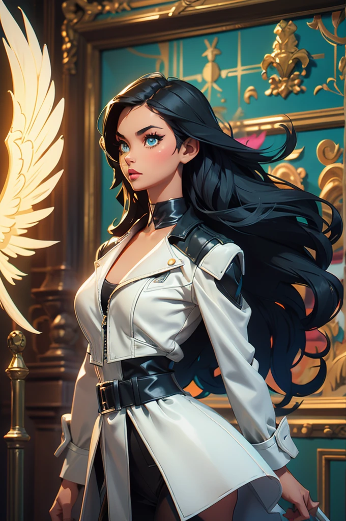 fallen angel colombian woman, light skin, Green eyes, short shoulder-length black hair, wearing a white dress and a  leather black jacket