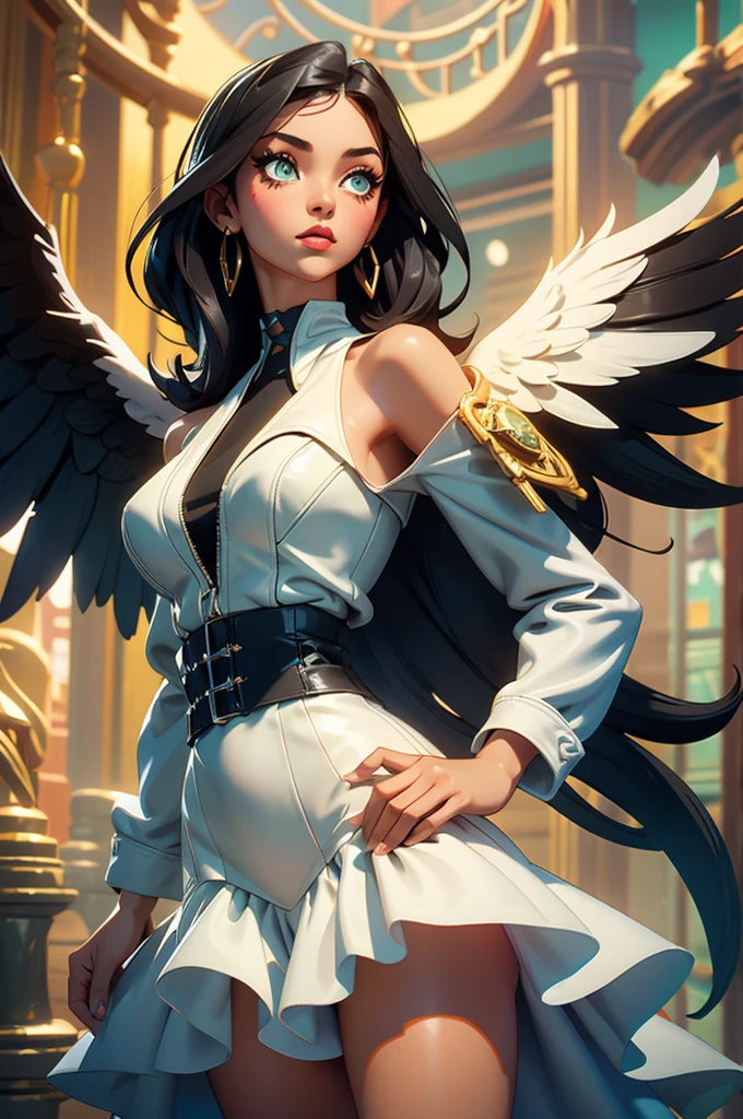 fallen angel colombian woman, light skin, Green eyes, short shoulder-length black hair, wearing a white dress and a leather black jacket