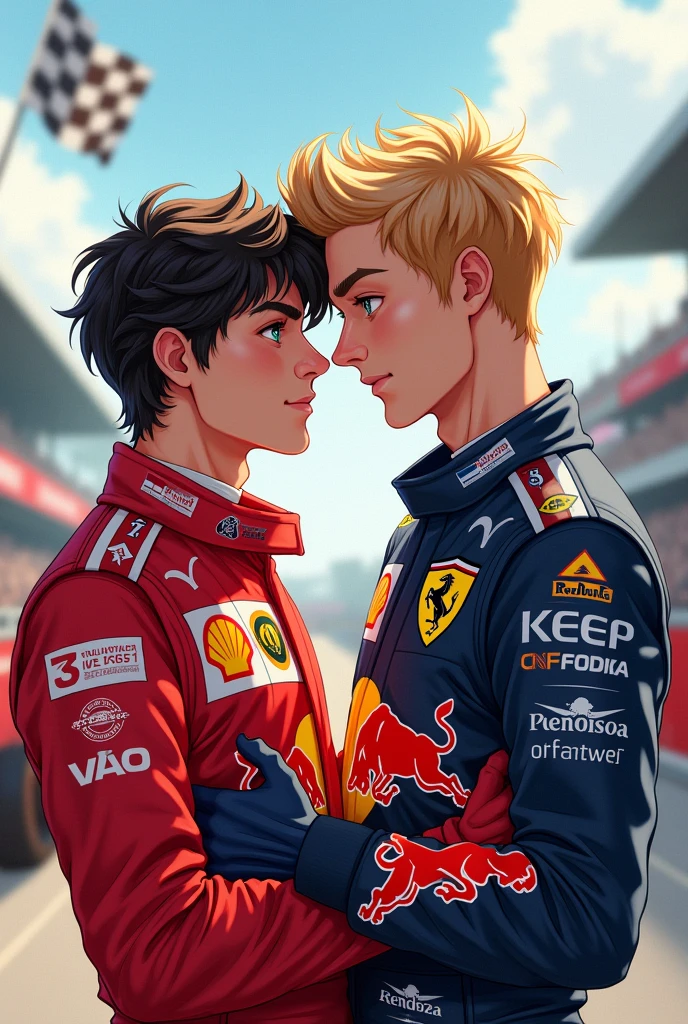 1. **Main Characters**: Illustrate Max and Charles in a way that reflects their personalities—perhaps in racing suits or in a more personal, relaxed setting.
2. **Race Elements**: Include hints of racing, like a blurred racetrack, cars, or a checkered flag, to emphasize the Formula 1 theme.
3. **Romantic Elements**: Subtly incorporate elements that suggest their romance, like intertwined racing gloves or a small heart symbol.
4. **Color Scheme**: Use bold colors like red and blue to represent the teams or to create contrast, with softer tones for the romantic aspects.
5. **Title and Author**: Make sure the title "Off-Track" is prominently displayed, with a stylish, readable font.
They are males, put the title
Its 2 boys, one with dark hair, fair skin, green eyes in a ferrari suit, one with dirty blond hair, fair skin, blue eyes in a red bull suit