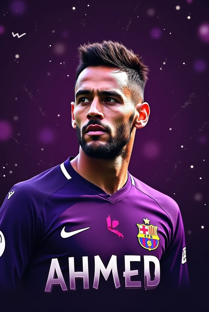 Generate a Neymar banner with a purple background and black sparkles. Put a text that says ahmed in capital letters