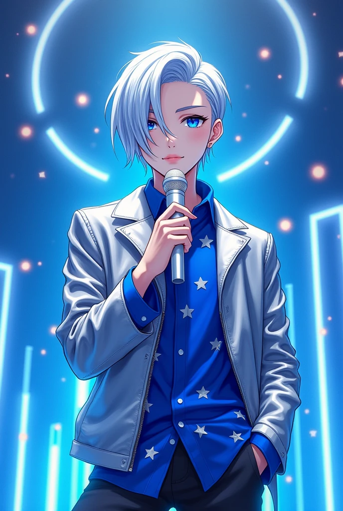 Anime idol boy with silver hair falling over one eye.
skin fair.
royal blue eyes.
silver metallic jacket.
royal blue shirt with silver stars.
white idol microphone.
vocaloid sekai cool stylish
