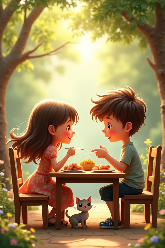 A girl and a boy eating 