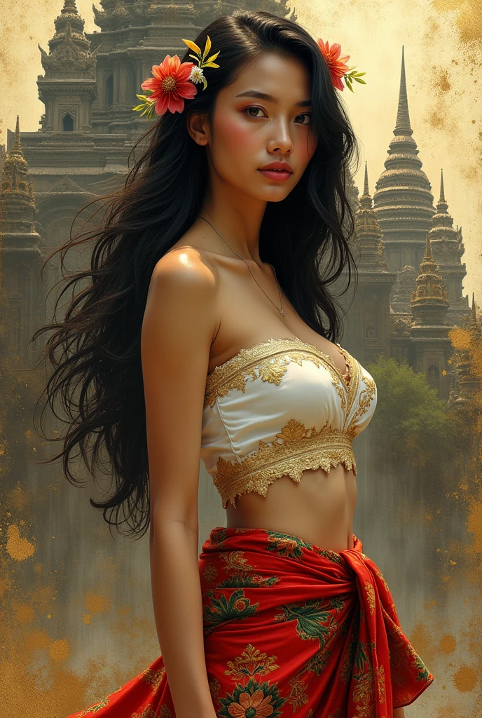 (Masterpiece, best quality, 8k, anime style), (One women wearing white blouse and saree:1.6),Desi, (translucent clothes), see through saree, nice , cleavage, pretty face, red lips, dark hair, close up, lush green background
