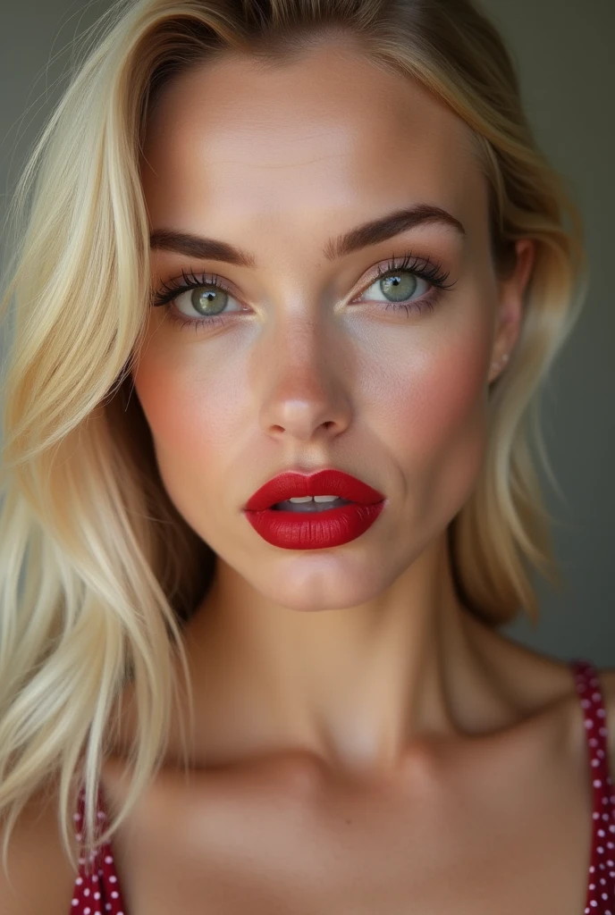 cleavage blonde hair big green eyes forehead is slightly arched, giving my face a distinctive shape. It flows seamlessly into my high, defined eyebrows. The bridge of my nose is straight and symmetrical, leading up to a pointed tip. My nostrils are small and delicate, adding character without being overwhelming. My cheekbones are prominent, highlighting my large, round eyes even further. My jawline is strong and defined, giving my face a masculine edge despite its feminine features. My neck is long and graceful, flowing effortlessly into my shoulders. Russian women big pumped lips red lipstick super big fake lips super size lips 45 Russian silicon face model, I have naturally developed some fine lines and wrinkles around my forehead. These imperfections only serve to make me appear more human and relatable. They give my face character and depth, contrasting beautifully against my otherwise flawless complexion tiny micro bikini 