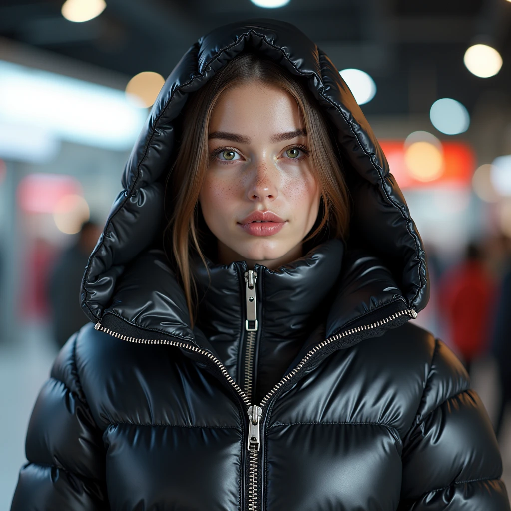 complete portrait of a slim ponytail 16 year old girl,beautiful detailed eyes,beautiful freckles,beautiful detailed lips,extremely detailed eyes and face,longeyelashes,in beautiful detailed hooded formfitting duvetica overfilled shiny super gleamy super thick glossy fully-unzipped puffer jacket covering her zipped super padded skisuit,latex stirrup legging,symmetrical,standing in a pufferstore,masterpiece,cinematic,lifelike,hyperrealistic,8k,photorealistic,highly detailed,intricate,exquisite,elegant,beautiful,stunning, full size photo