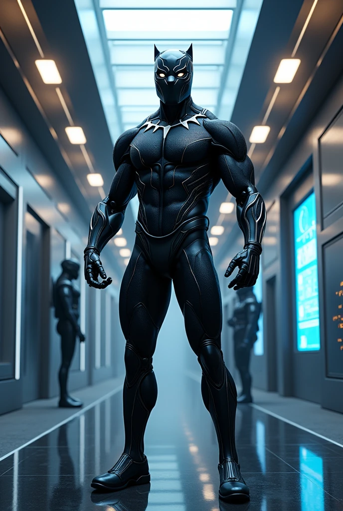Create a powerful image of Black Panther in an imposing, muscular pose, with a futuristic setting that highlights the theme of recruitment with artificial intelligence. The fund must show advanced technological elements, such as holographic interfaces and assistant robots, to reflect the idea of AI-driven elite recruitment."