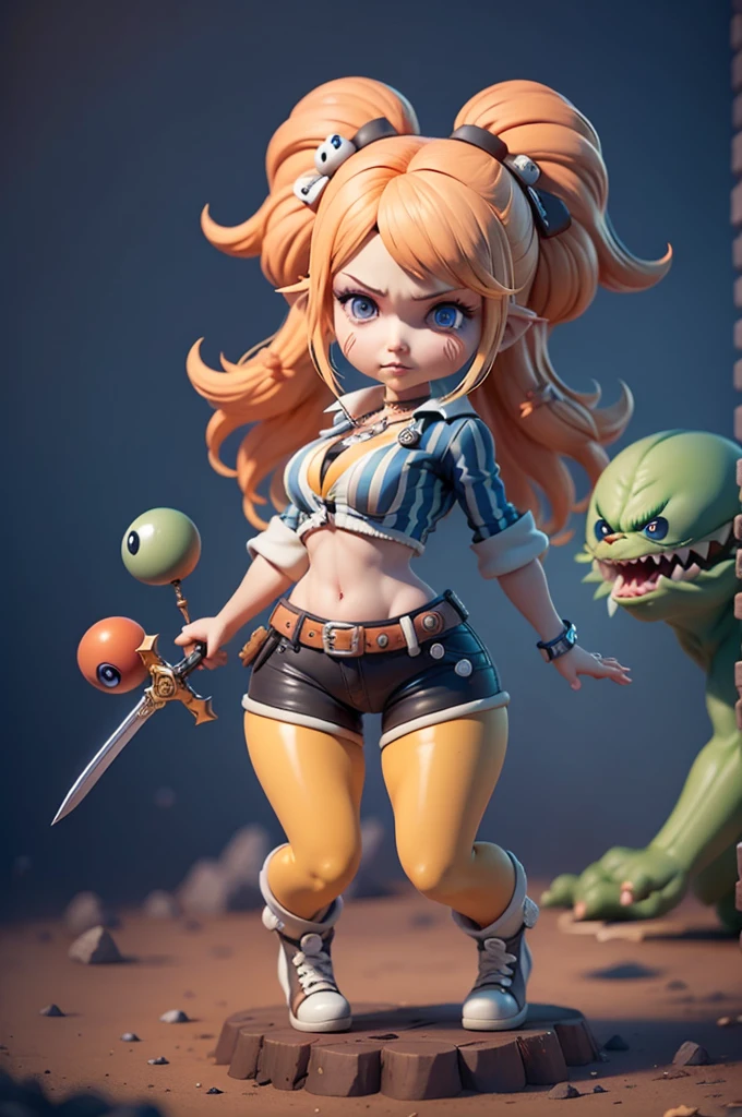 character inspired by mario bros, mic, long-sleeved blouse with black and white stripes, striped shirt, ((blouse with stripes horizontais)), blouse with stripes, different colors, Small shorts or legging pants, small waist, corpo mic, blouse with stripes, CG, striped shirt, striped sock, based on ((kingdom hearts)), (kingdom hearts), without a hat, colourful hair,  takes bowser, ((striped shirt)), subsurface alta, hight subsurface, occlusion environment, big sword in hand, greatsword, carrying sword, segurando greatsword, skin natural, ((large video game decorations)), Sword and shield, ((Metroid)), dark animals in the background, dark dolls in the scene, monsters in the scene, Panning, (very big tits), (((very big tits))), dark theme, mask covering the mouth, monsters in the background, character in the center of the scene, diffuse color blue, dark blue color, detailed, sensual ao extremo, full body, creatures in around
