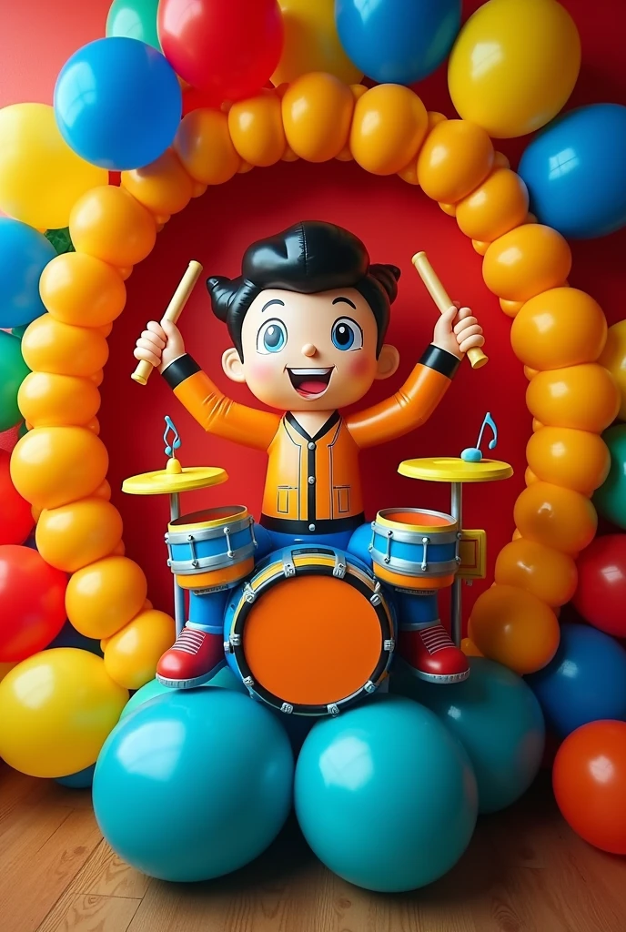 Drummer themed balloon wall decoration for a boy's party