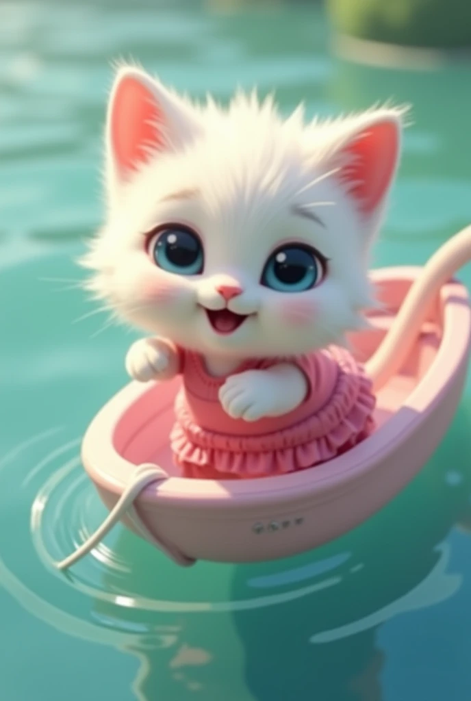 there is a cat that is floating on a boat in the water, adorable digital painting, white cat in a pink dress, animated movie still, new cats movie, cat is floating in air, animated movie, cute artwork, 3 d animated movie, anime visual of a cute cat, amazing cgi, cute digital art, cute detailed digital art, a cat swimming in water