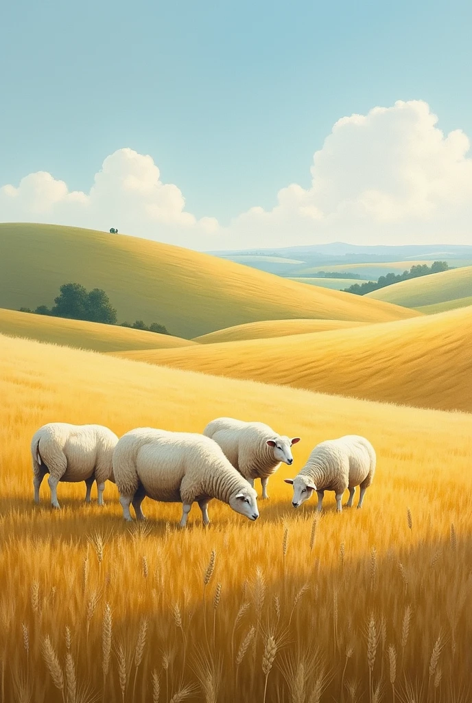 Horizontal painting of a landscape with sheep and wheat fields 
