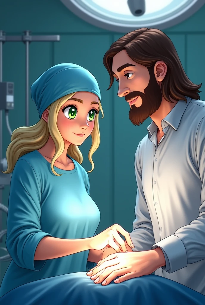 generates an animated image, the context is in an operating room, operating on a patient.  where two people are. The first is the surgeon who physically has green eyes and wears a blue surgical cap., blond hair, with face masks, in her gaze she looks confident. The second person is God (Catholic) accompanying her who has a beard and brown hair, shoulder length hair, dressed in white shirt 