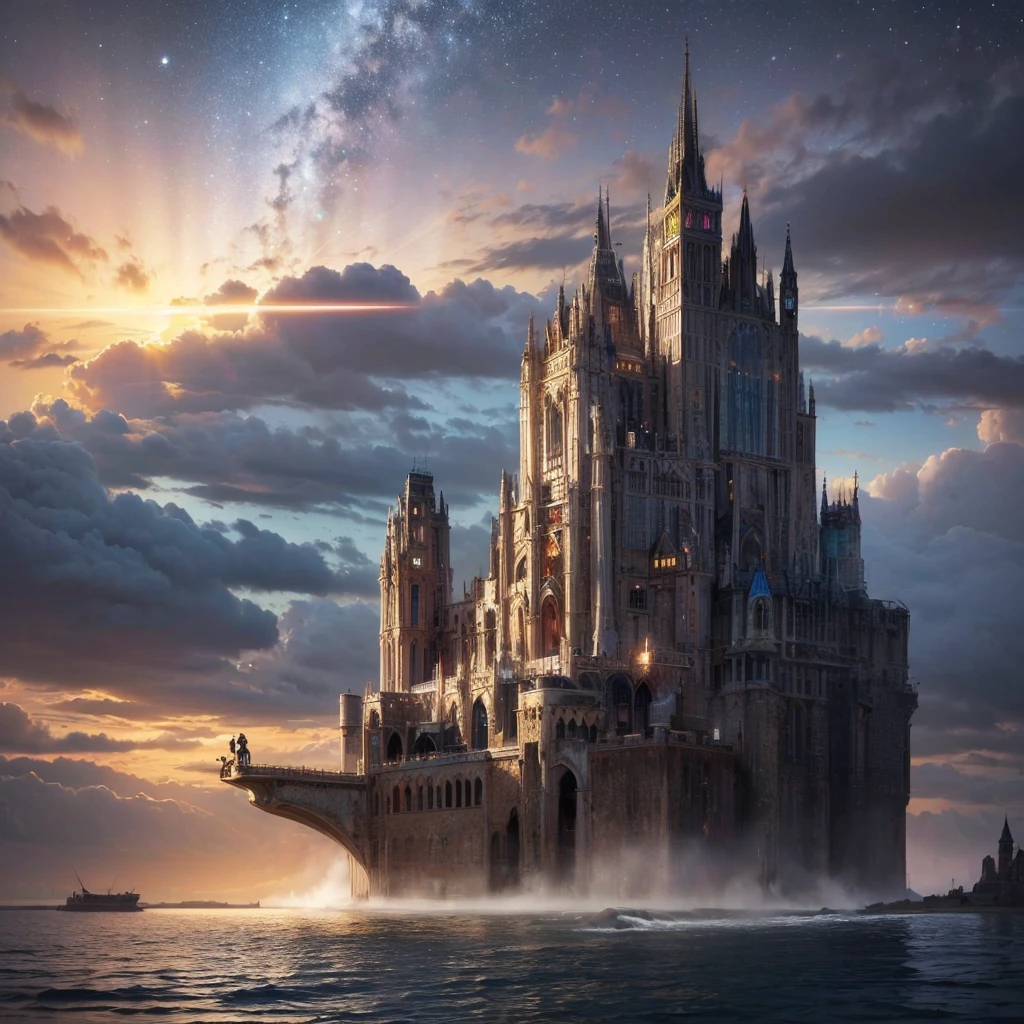 (8k, highest quality, masterpiece, final fantasy style: 1.2), (unRealistic, photoRealistic: 1.37), Dreamy landscape, Fantasy, Unsurreal landscapes, Super detailed, Flying Castle, Floating Island in the Sky, Seven-colored swirl of light, Intense lightning, milky way, Complex Light, Colored light, Large Lake, Starry sky reflected on the lake surface, Countless shining stars, Meteors, Reflections , (A pillar of light emanated from the ground:1,2), roses and orchids gardens , sunset, pink clouds, waterfalls in the sky, realistic style, Hyperrealism drawing, a flying pirate spaceship floating at the clouds level, burning skyscrapers, cyborgs, timeless realms, stunning princess , casting spell, healing light magic effect, in a magical lagoon of the fairyland, crystal clear water surface reflections, sharp focus, looking at viewer, (close-up:0.9), (bright white theme:1.2), (bright white tone:1.2), (deep blue tone:1.3),((( realistic, Hyperrealism, vivid colours , landscapes , alien cyborgs , science fiction themes)))