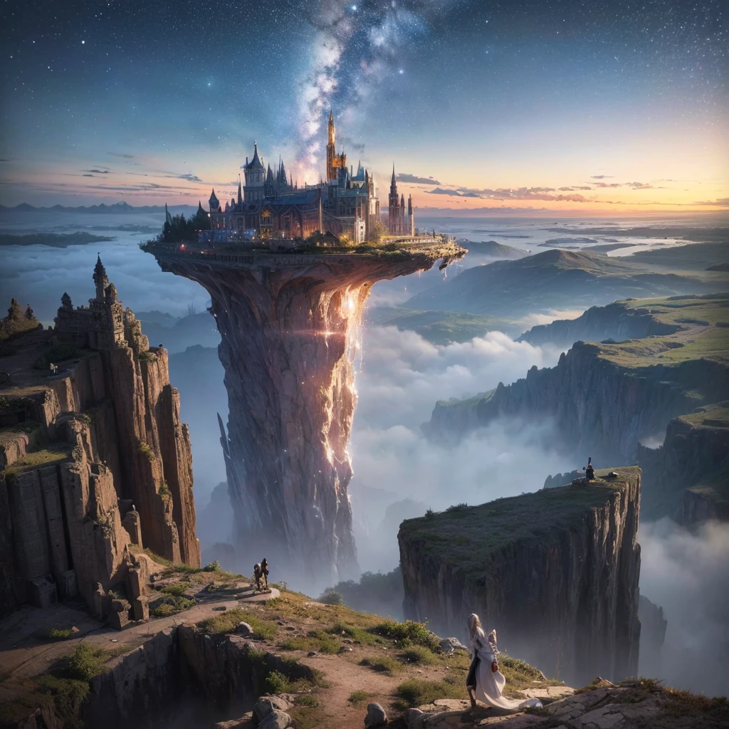 (8k, highest quality, masterpiece, final fantasy style: 1.2), (unRealistic, photoRealistic: 1.37), Dreamy landscape, Fantasy, Unsurreal landscapes, Super detailed, Flying Castle, Floating Island in the Sky, Seven-colored swirl of light, Intense lightning, milky way, Complex Light, Colored light, Large Lake, Starry sky reflected on the lake surface, Countless shining stars, Meteors,  Reflections , (A pillar of light emanated from the ground:1,2), roses and orchids gardens , sunset, pink clouds, waterfalls in the sky, realistic style, Hyperrealism drawing, a flying pirate spaceship floating at the clouds level, burning skyscrapers, cyborgs, timeless realms, stunning  princess  ,  casting spell, healing light magic effect, in a magical lagoon of the fairyland, crystal clear water surface reflections, sharp focus, looking at viewer, (close-up:0.9), (bright white theme:1.2), (bright white tone:1.2), (deep blue tone:1.3),((( realistic, Hyperrealism, vivid colours , landscapes , alien cyborgs , science fiction themes)))