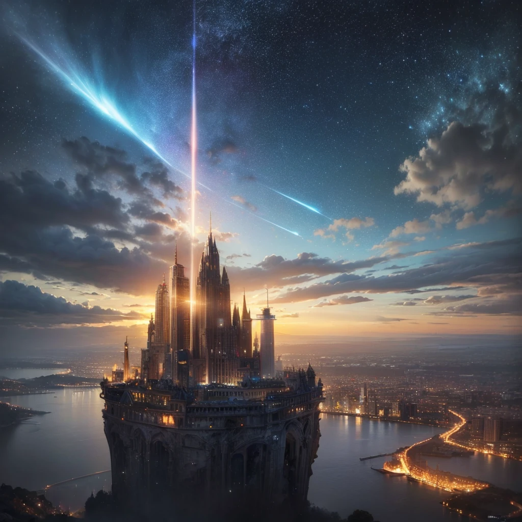 (8k, highest quality, masterpiece, final fantasy style: 1.2), (unRealistic, photoRealistic: 1.37), Dreamy landscape, Fantasy, Unsurreal landscapes, Super detailed, Flying Castle, Floating Island in the Sky, Seven-colored swirl of light, Intense lightning, milky way, Complex Light, Colored light, Large Lake, Starry sky reflected on the lake surface, Countless shining stars, Meteors, Reflections , (A pillar of light emanated from the ground:1,2), roses and orchids gardens , sunset, pink clouds, waterfalls in the sky, realistic style, Hyperrealism drawing, a flying pirate spaceship floating at the clouds level, burning skyscrapers, cyborgs, timeless realms, stunning princess , casting spell, healing light magic effect, in a magical lagoon of the fairyland, crystal clear water surface reflections, sharp focus, looking at viewer, (close-up:0.9), (bright white theme:1.2), (bright white tone:1.2), (deep blue tone:1.3),((( realistic, Hyperrealism, vivid colours , landscapes , alien cyborgs , science fiction themes)))
