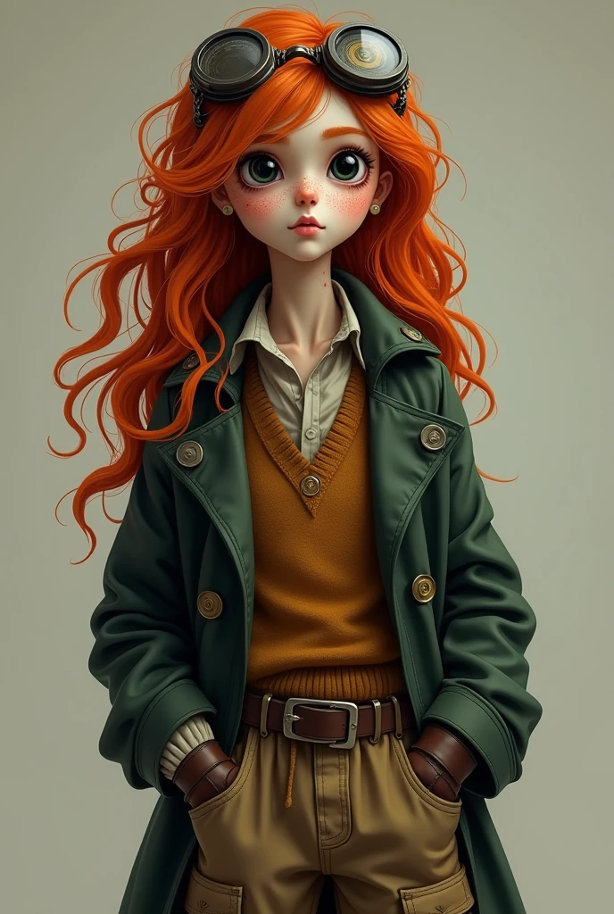 A boy with long red hair, soft and curly in texture. Eyes black as emptiness, seeming to not even have any shine, the left pupil having the shape of a spiral. pale and freckled skin, with some cuts and scars spread all over his body. Thin and ambiguous body, does not contain many muscles, 5&#39;0 tall. Wears wide pants with several pockets, steampunk style, with a brown wool sweater and a dark green loose coat, and on his head rounded steampunk glasses, also using old brown gloves.