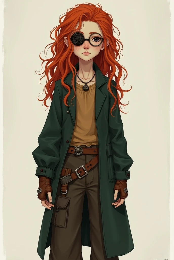 A boy with long red hair, soft and curly in texture. Eyes black as emptiness, seeming to not even have any shine, the left pupil having the shape of a spiral. pale and freckled skin, with some cuts and scars spread all over his body. Thin and ambiguous body, does not contain many muscles, 5'0 tall. Wears wide pants with several pockets, steampunk style, with a brown wool sweater and a dark green loose coat, and on his head rounded steampunk glasses, also using old brown gloves.
