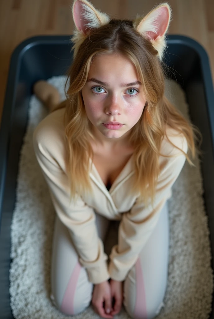 A worried looking American 18 year old girl kneeling on a large litter box fillwd with white gravel dressed as a cat looking up at the viewer. Shot from above. Cleavage