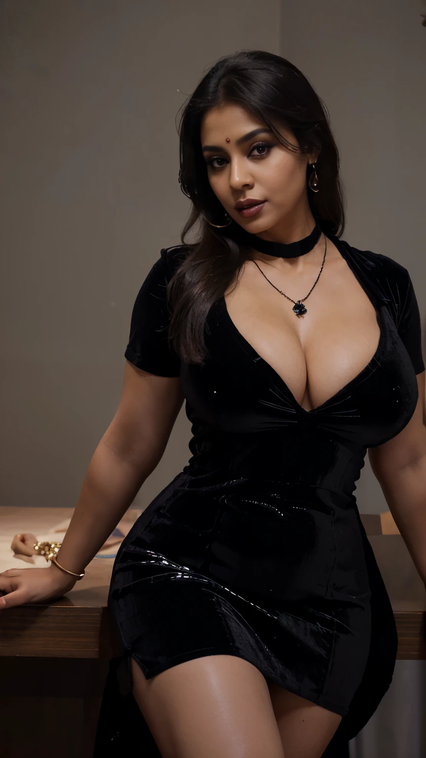 Masterpiece, RAW photo, best quality, photorealistic, extremely detailed CG unity 8k wallpaper, Depth of field, Cinematic Light, Lens Flare, Ray tracing imagine a sexy Mallu bhabhi with big breast and cleavage, South Indian lady, Dusky skinned, Dusky Indian , busty, Milf lady, 40 years old, wearing nurse dress ((Black party dress, shirt and skirt, tight partywear dress, VELVET , heavy necklace)) ((INTENSE MAKEUP, EYESHADOW, BLACK GLOSSY LIPSTICK)), Seductive, Very seductive, sensual, erotic, lusty , voluptuous, attractive figure, chu by, fatty, very chubby, fat lady, chubby belly, hands and thighs, sitting on a table, inside a party 