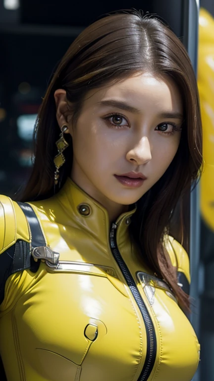 Mature Woman, Woman in a futuristic suit, highly Detailed face, Nice, Mother, (Mature Woman), Adult face, (Mature Woman), Cyber Suit, Anime girl in a tight suit, Milfication, Elegant body, Focus on the navel, NUDE, gloves, Earrings, sf, Female protagonist, Volumetric Light, Detailed lighting, Detailed Texture, BoobsCyberpunk, Biomechanical , masterpiece, (Top quality eyes), Detailed face, sci-fi background, Futuristic landscape, (((Yellow bodysuit))), (Chuby), (((High quality face))), (((High resolution face)))、White suit